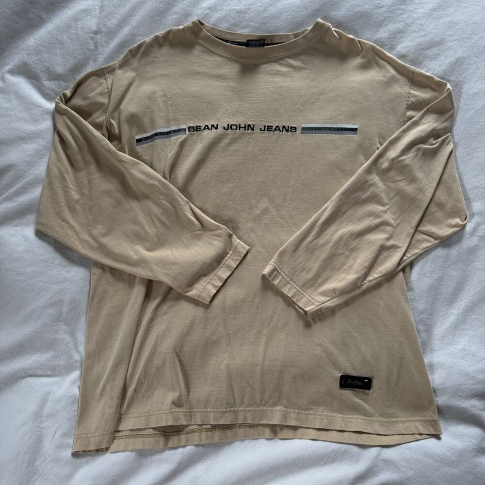 Y2K Vintage Sean John Embroidered Longsleeve Shirt Size Large tan 100% cotton
